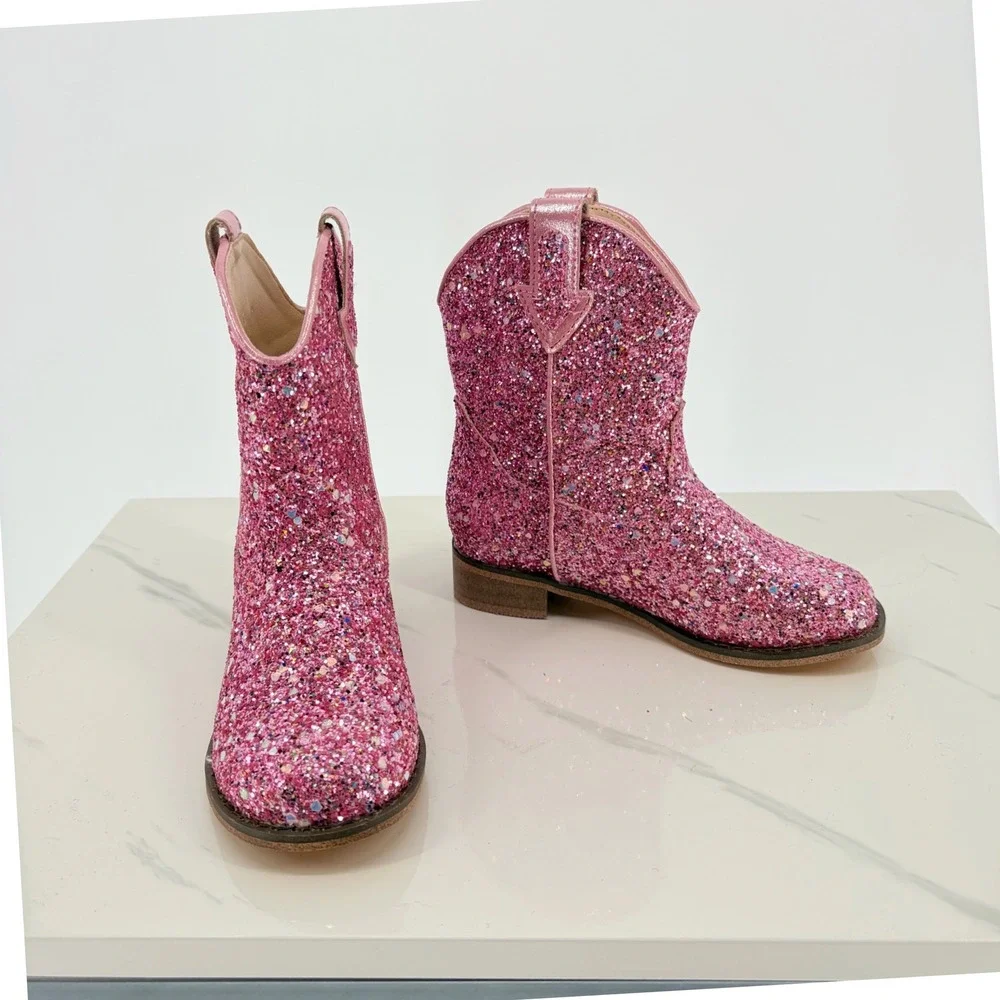 Cowboy Boots 10 Pink Glitter Sparkly Western Pull On Toddler Shoes