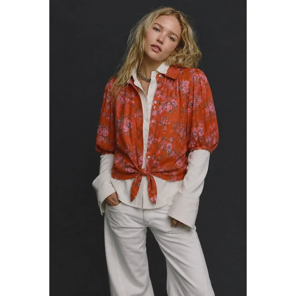 Free People Celia Floral Tie Front Button Blouse Burnt Orange Pink XS NWT