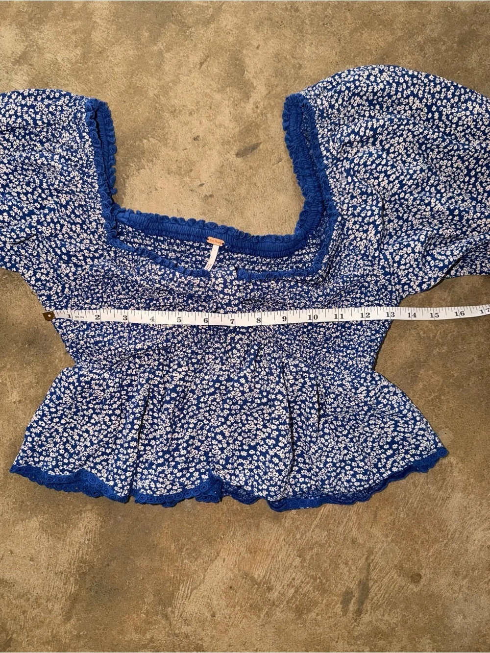 Free People Blue Ditsy Floral Smocked Peplum Puff Sleeve Top XS