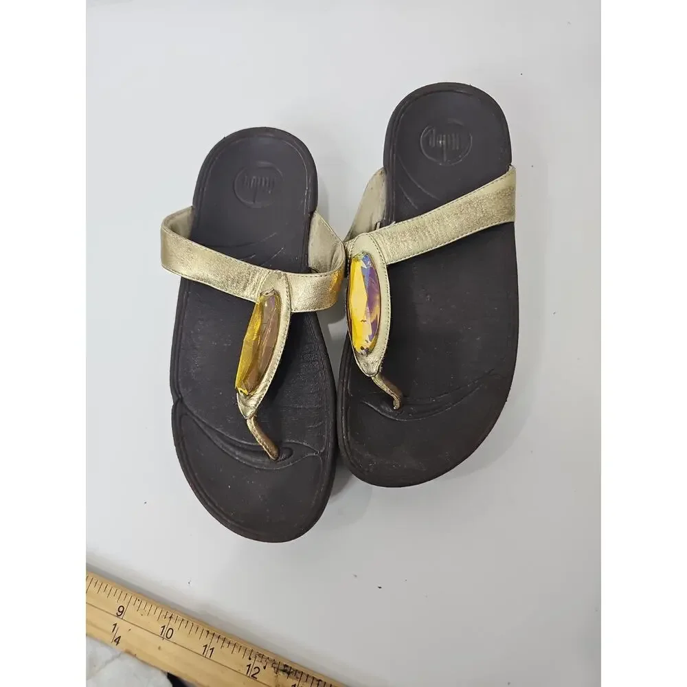 FitFlop Lulu Crystal Embellished Thong Sandals Sz 6 Gold Comfort Flip Flops