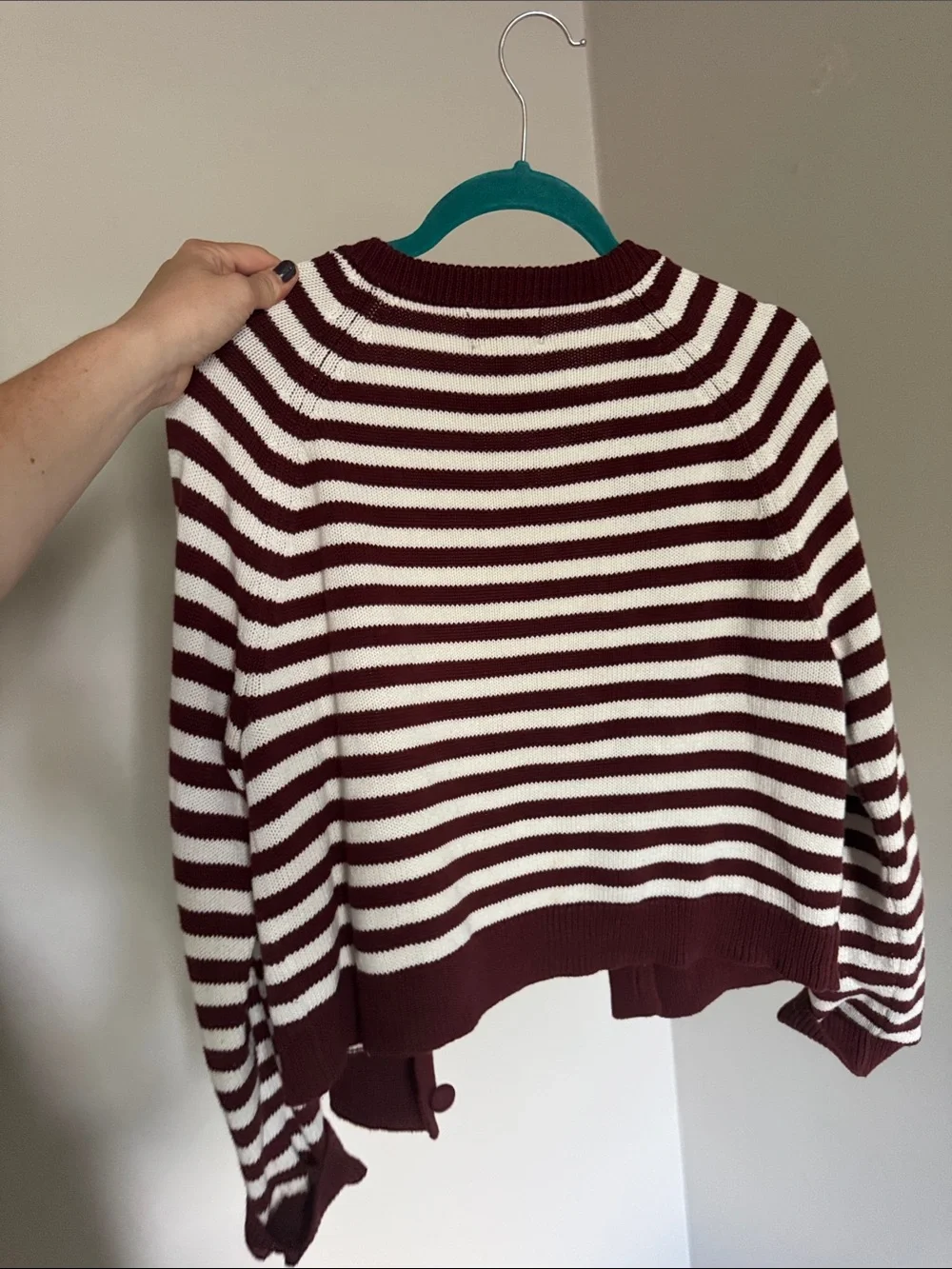 Striped Maroon & White Knit Cardigan Sweater