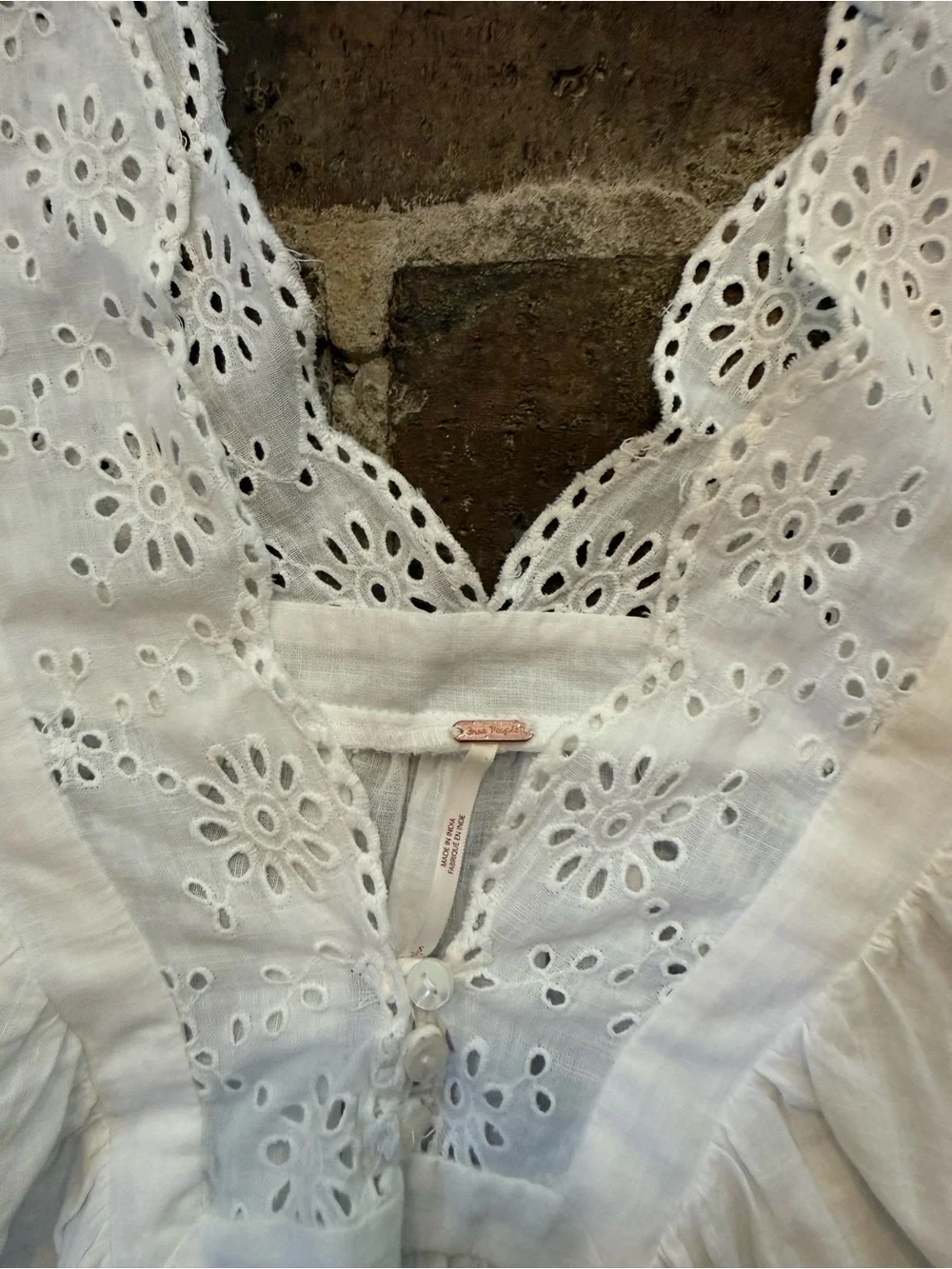 Free People White Eyelet V-Neck Peasant Blouse