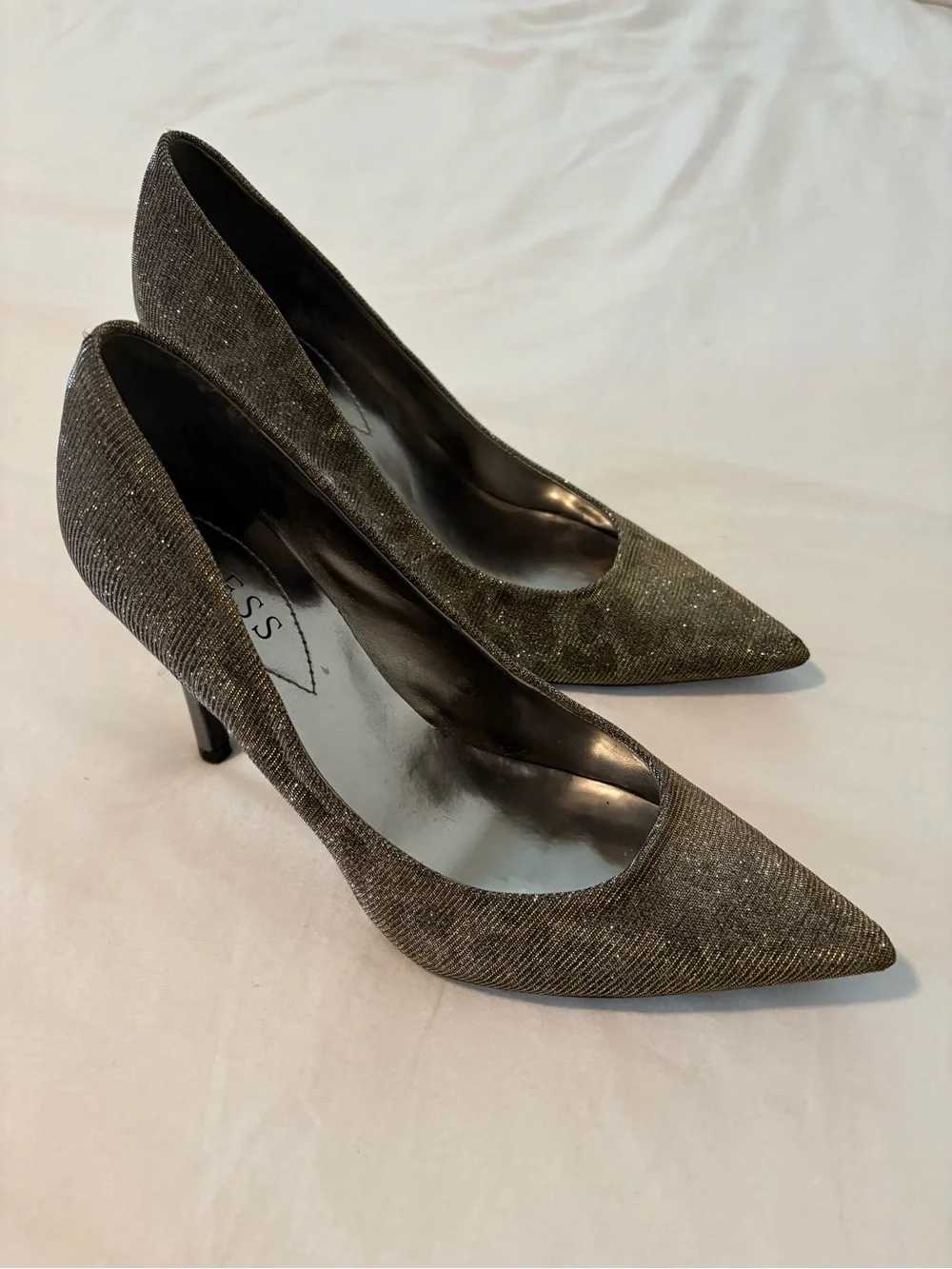 Guess Pointed Toe Glitter Pumps in Metallic Gold and Charcoal with Leopard Spots