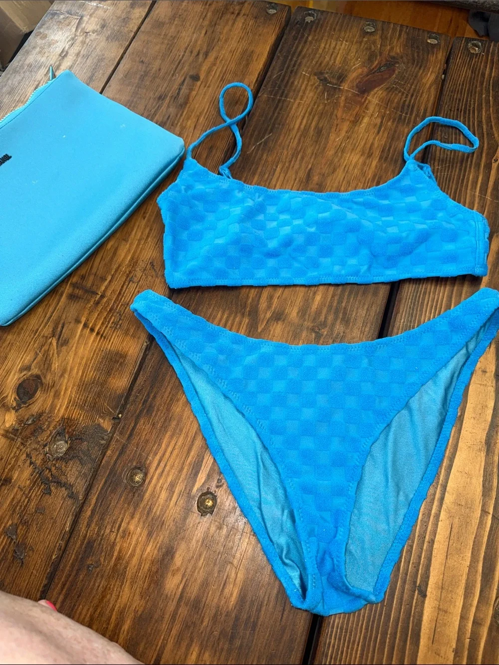 triangl swimwear Bright Blue Textured Check Bikini Set.  Too large/Bottom XL.