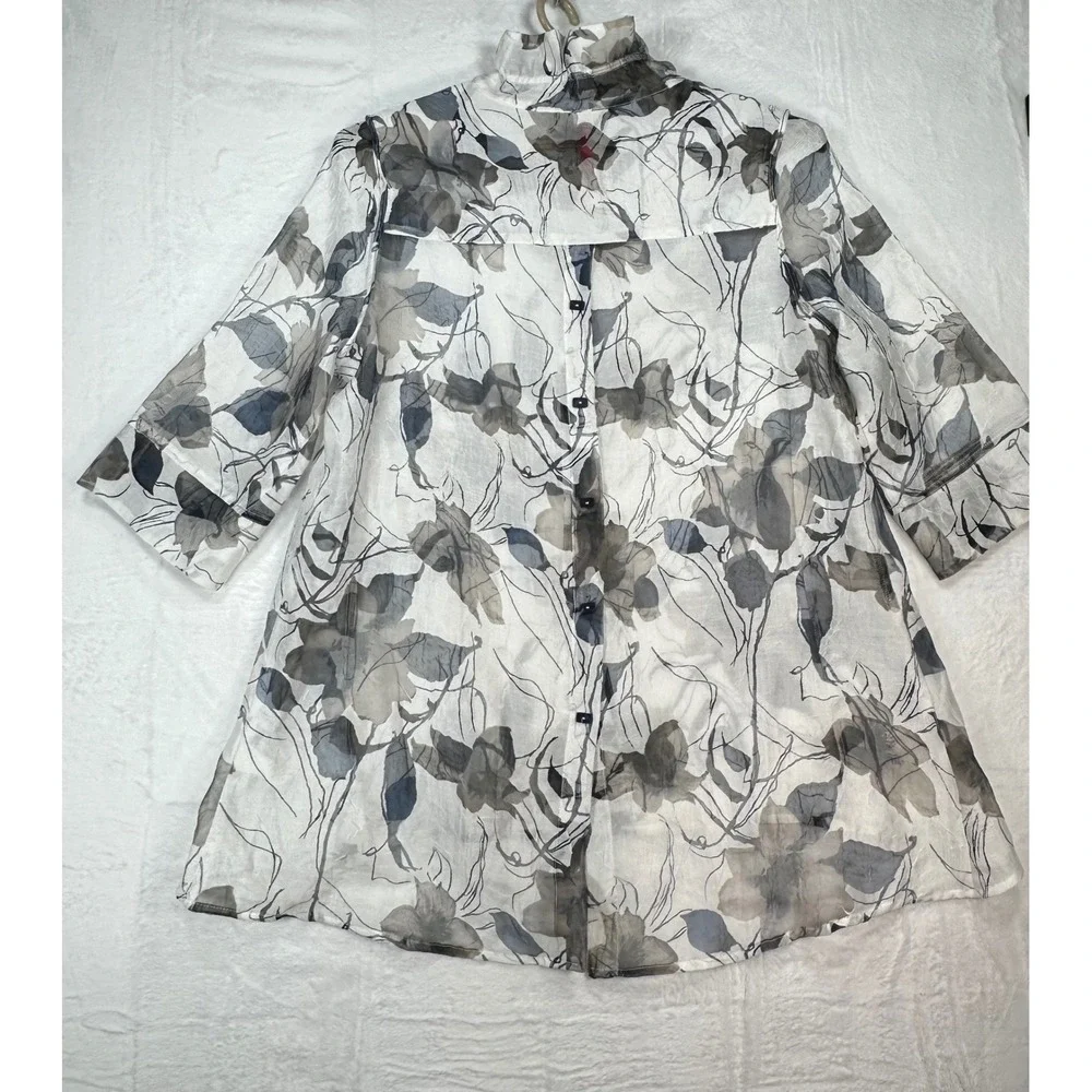 IC by Connie K Womens Burnout Floral Sheer Tunic XL Wire Ruffle Collar Lagenlook