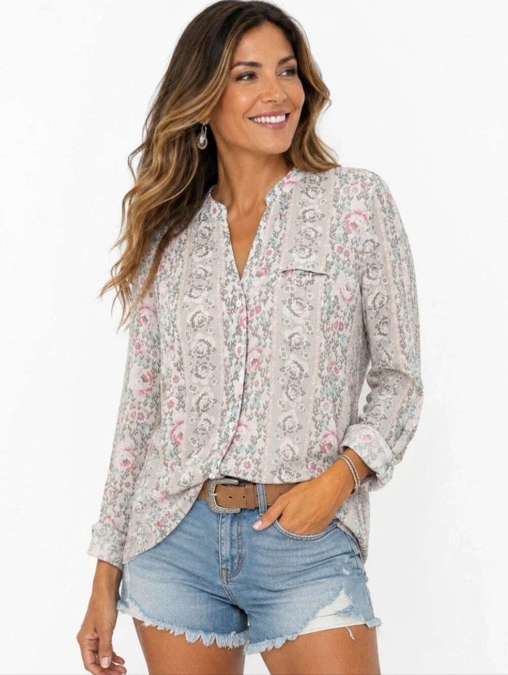 Kut from the Kloth Floral Stripe Blouse in Ivory, Pink, Gray
