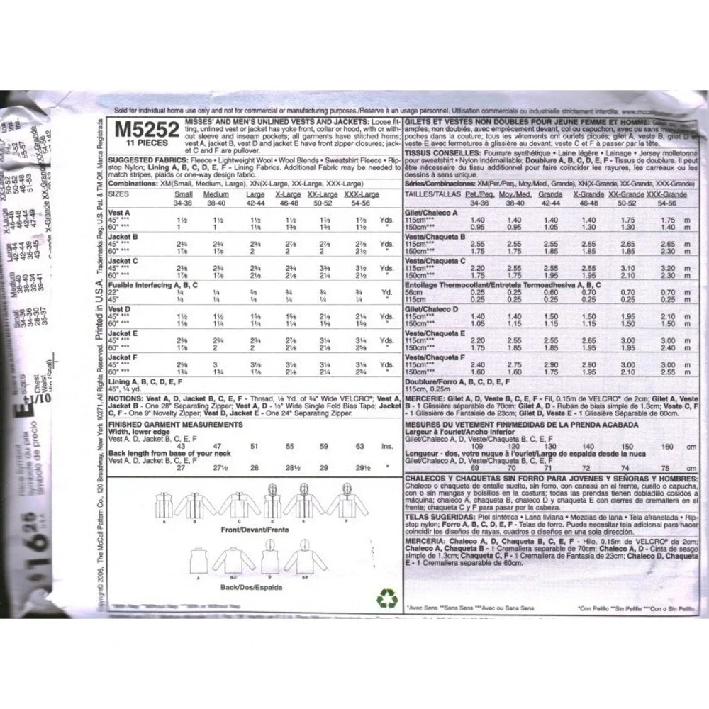 McCall's M5252 Sewing Pattern Unisex Fleece Jacket Vest Hooded Size XM S M L