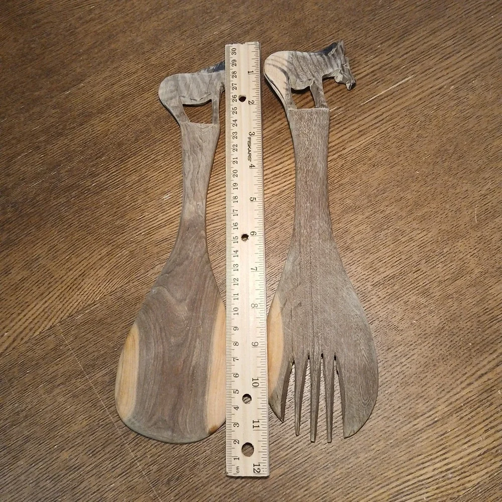 Vtg Hand Carved Wooden Salad Servers Serving Spoon Fork with Zebra Handle 11.5