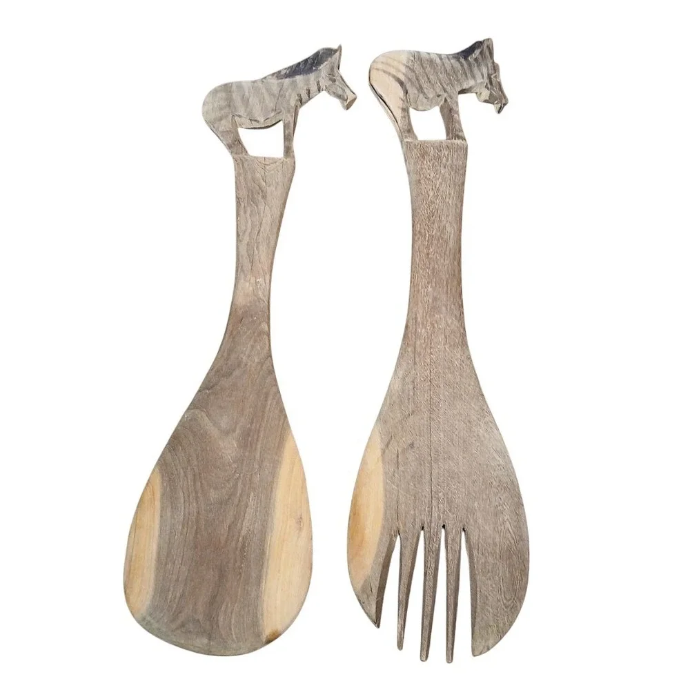 Vtg Hand Carved Wooden Salad Servers Serving Spoon Fork with Zebra Handle 11.5