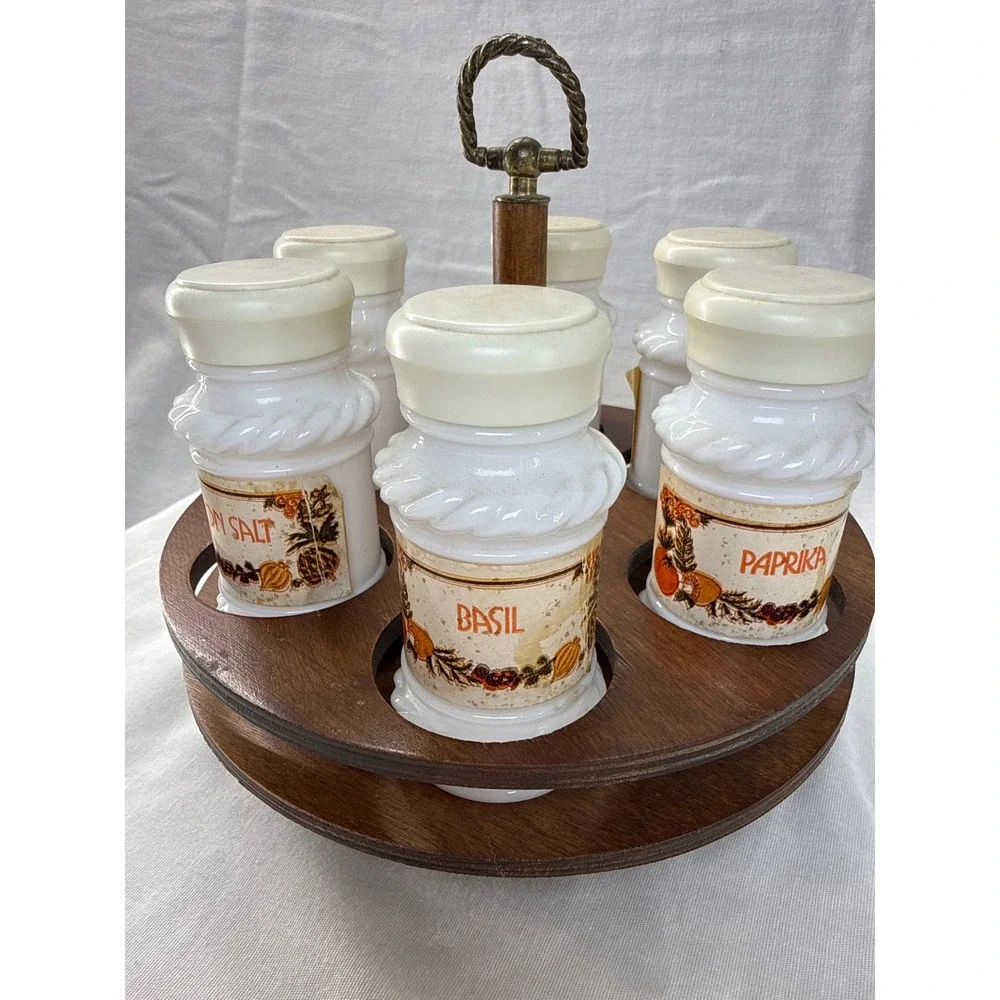 Vintage Milk Glass Spice Jar Set 6 Jars Rotating Wood Carousel Rack White Cream