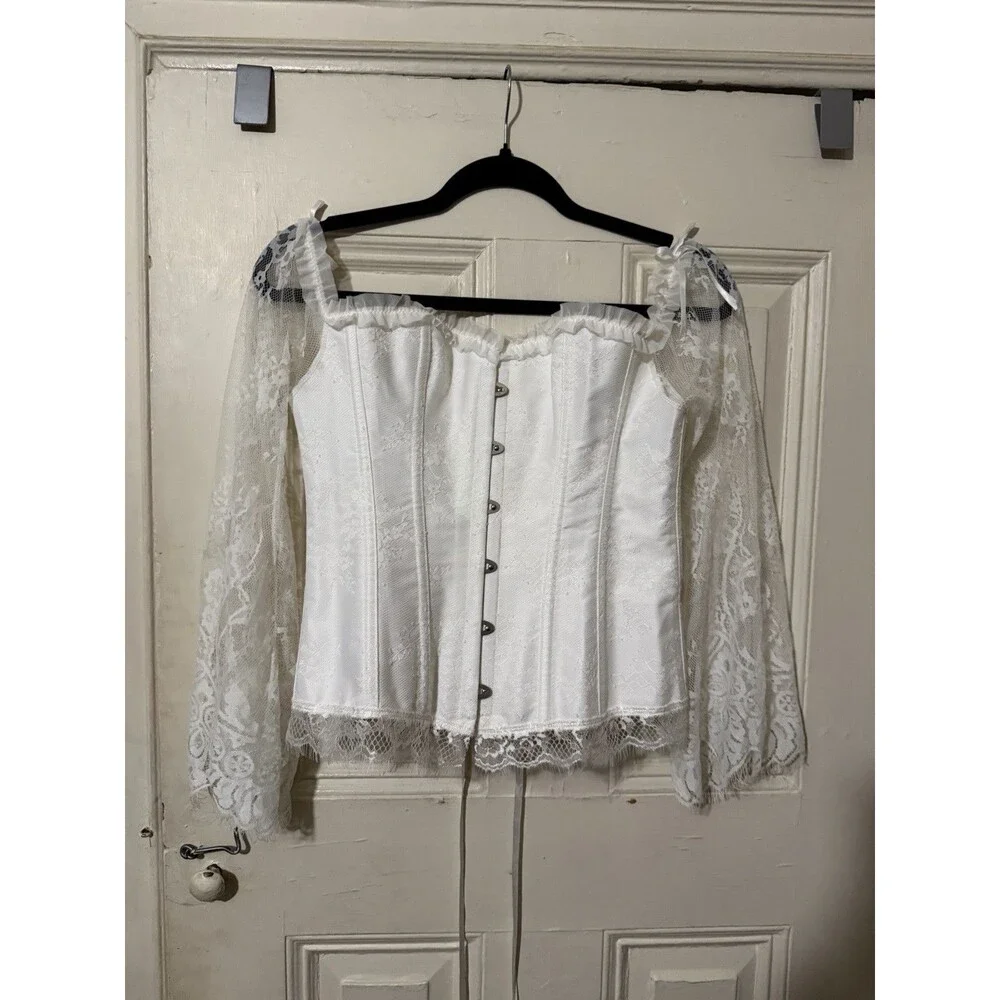 White Lace Corset Top Off Shoulder Long Sleeve Lace Up Renaissance Cottagecore L
