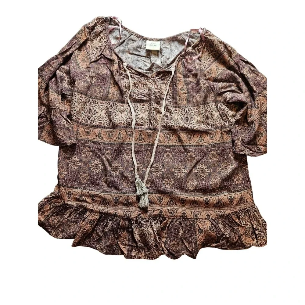 Knox Rose Womens XL Boho Peasant Top Paisley Floral Tassel Ruffle Hem Blouse