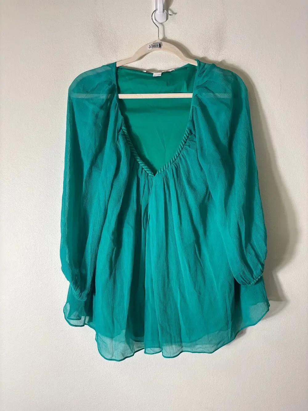 Diane Von Furstenberg Teal Green Long Sleeve Layered Silk Shirt Sz 10