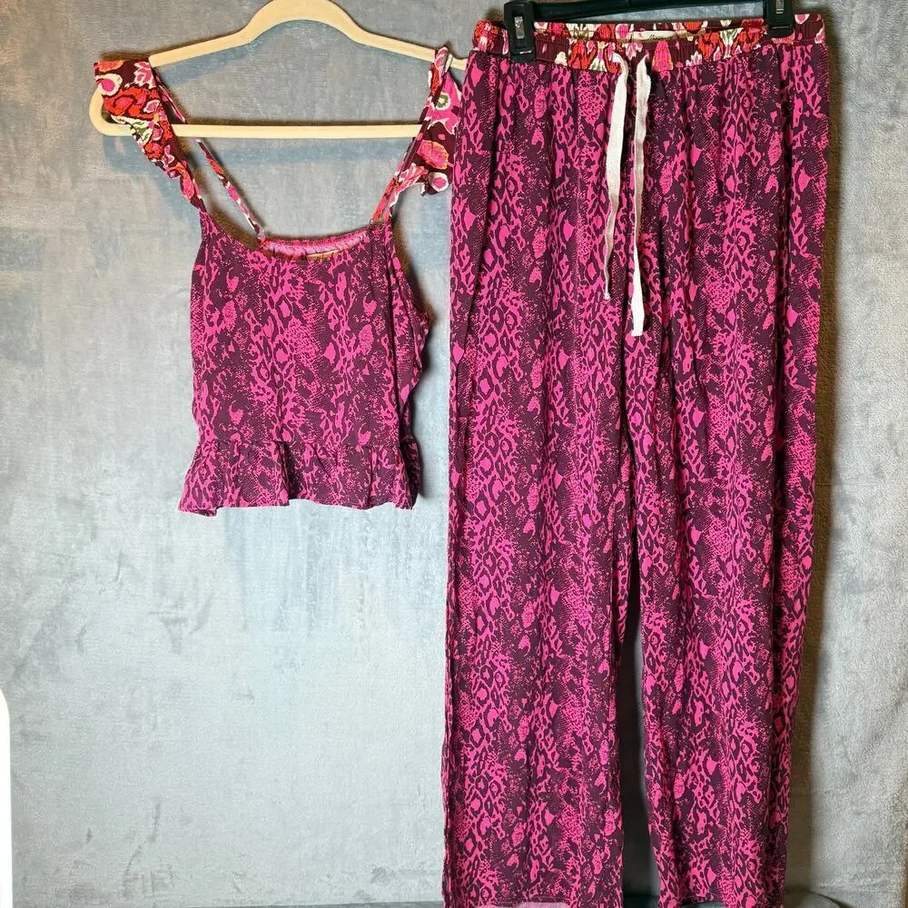 Maaji Pink Snakeskin Matching Set Crop Top Wide Leg Pants Boho Resort M