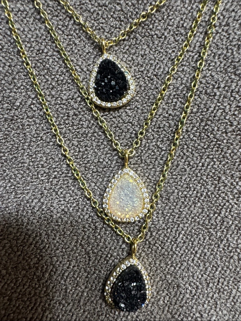 Marcia Moran 18k Gold Layered Necklace with Black and White Teardrop DruzyStones