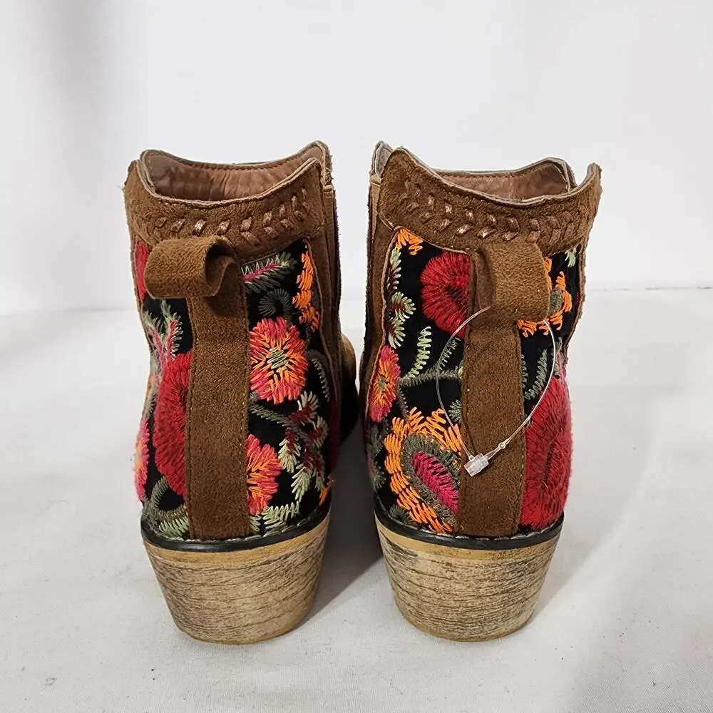Tiara Los Angeles Womens Embroidered Floral Topa Ankle Boots 8.5M Camel Suede