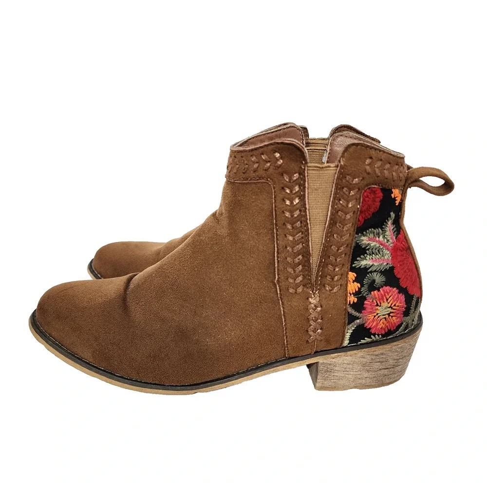 Tiara Los Angeles Womens Embroidered Floral Topa Ankle Boots 8.5M Camel Suede