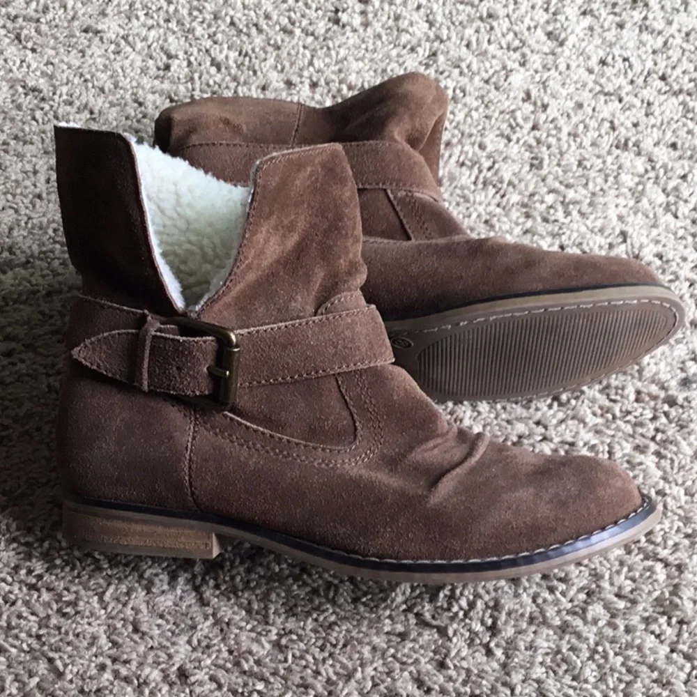 MIA Suede Ankle Boot Size 8 Light Brown Boho Sherpa Lined Fold Over