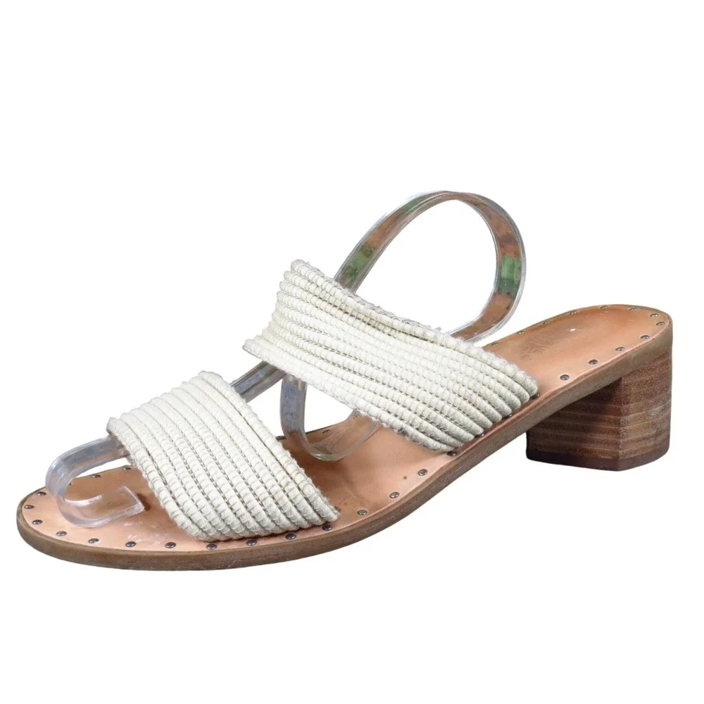 Franco Sarto Raffia‎ Women Sandal 7.5 Casual Block Heel Slide Cream Fabric