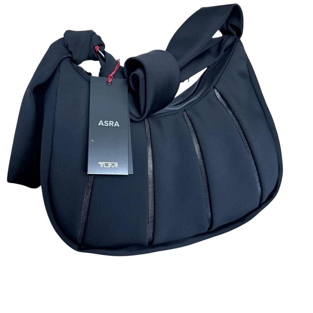 TUMI Asra Small Hobo Bag‎ Black Nylon Pleated Knotted Shoulder Strap Handbag NEW