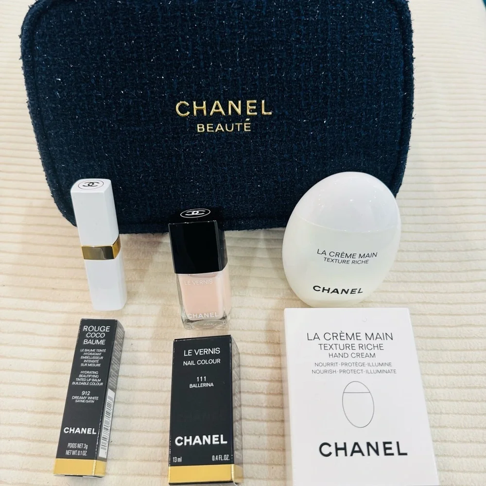 CHANEL Holiday Set 25 in Coveted Essentials with Navy Glimmer Tweed Pouch