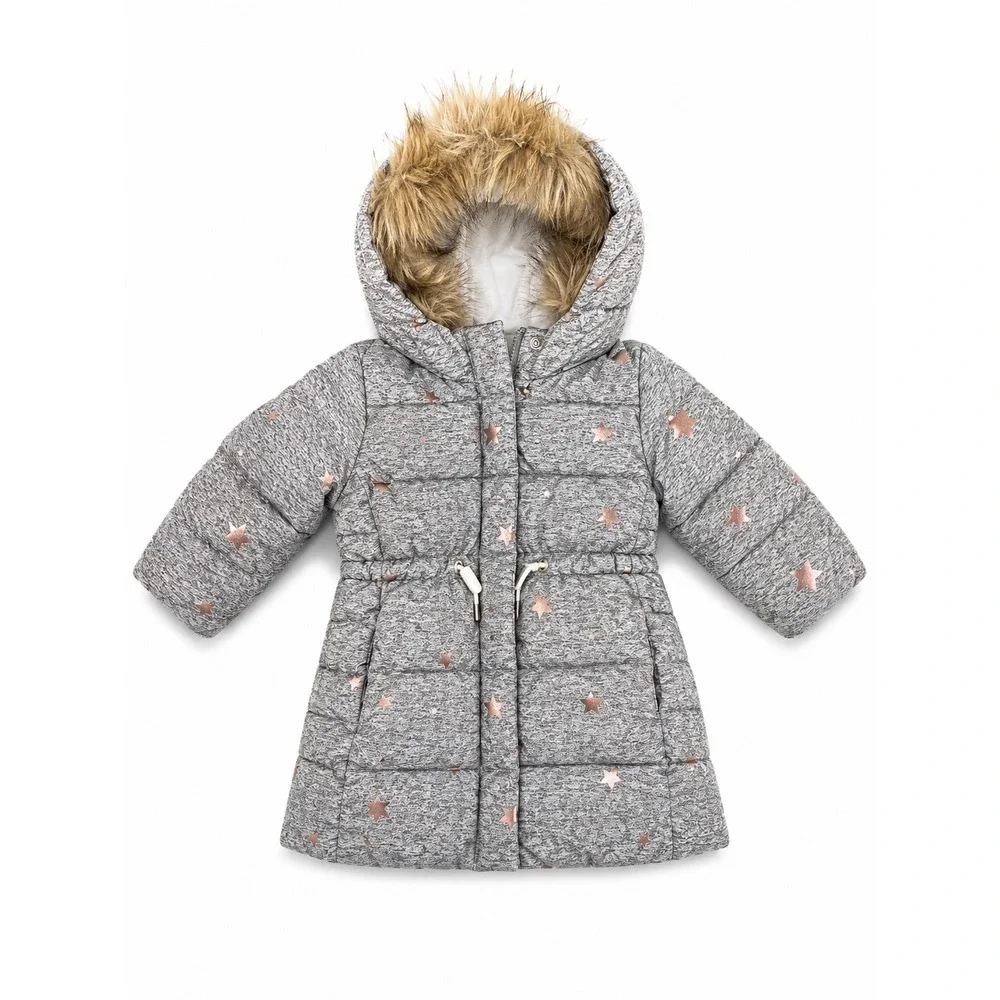 New Baby Gap Gray Rose Gold Star Puffer Jacket Faux Fur Hood 18-24 Mon