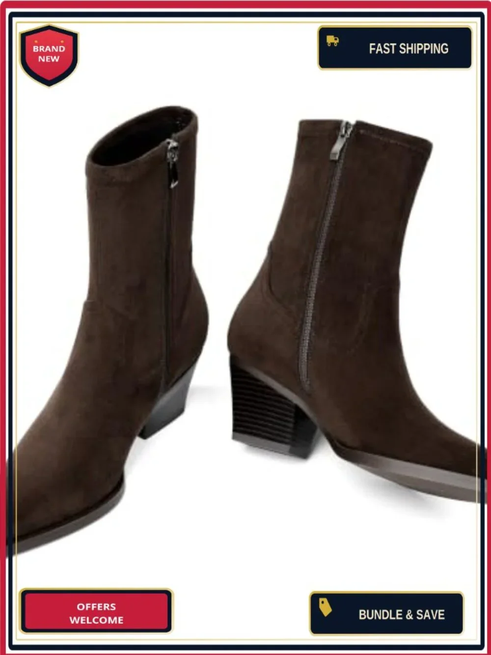 Pointed Toe Chunky Heel Ankle Boots Women Side Zipper Stretch Faux Suede