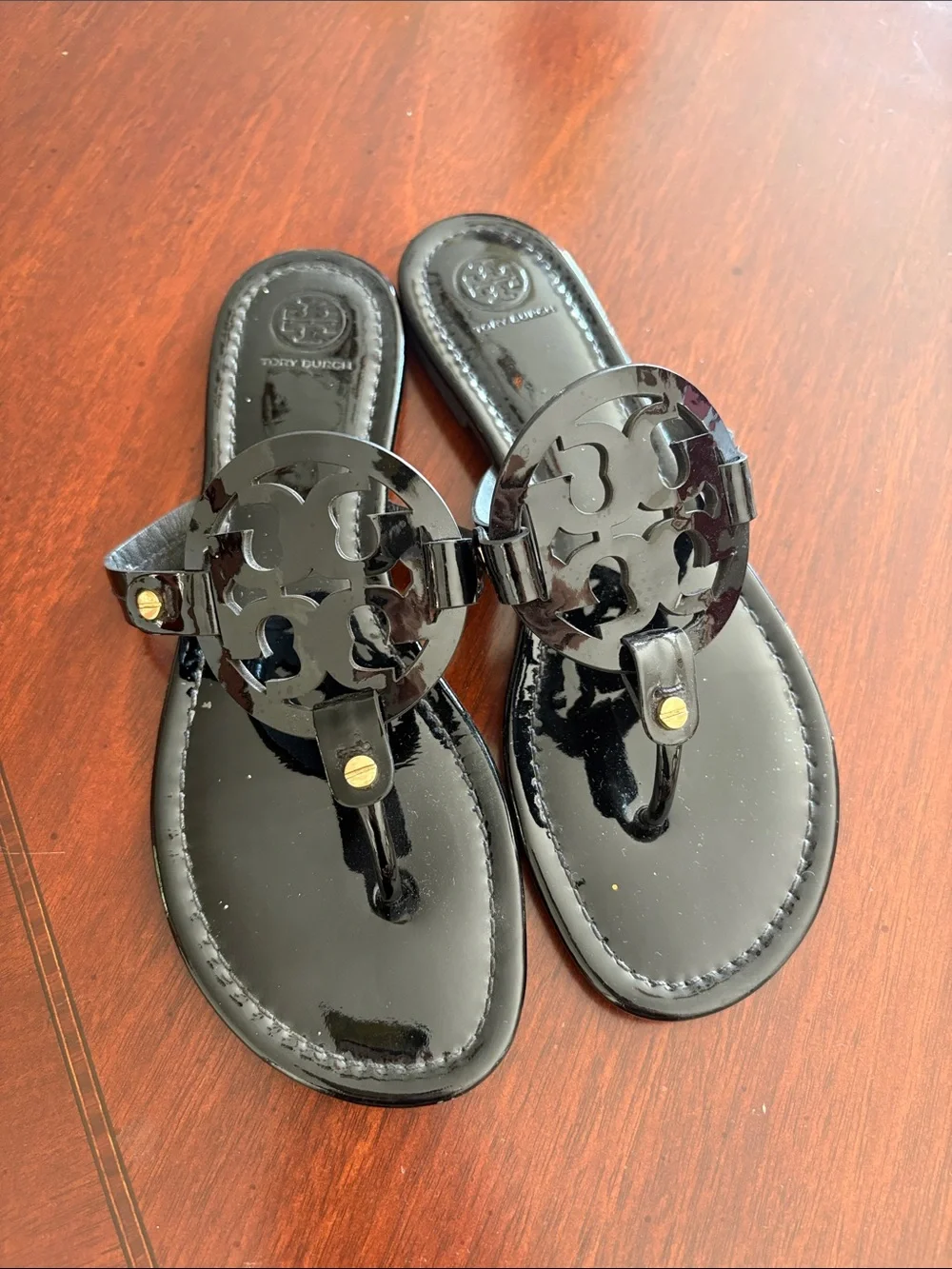 Tory Burch Black Patent Logo Thong Sandals