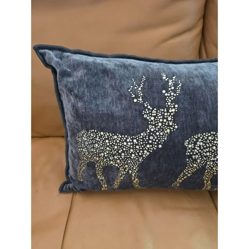 MAGASCHONI HOME Rectangle Rhinestone Reindeer Gray Velvet 24x12 Lumber Pillow