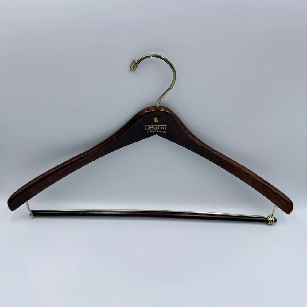 Polo Ralph Lauren Wooden Suit Hanger Pants Bar Brown Wood Gold Tone 17 Inch