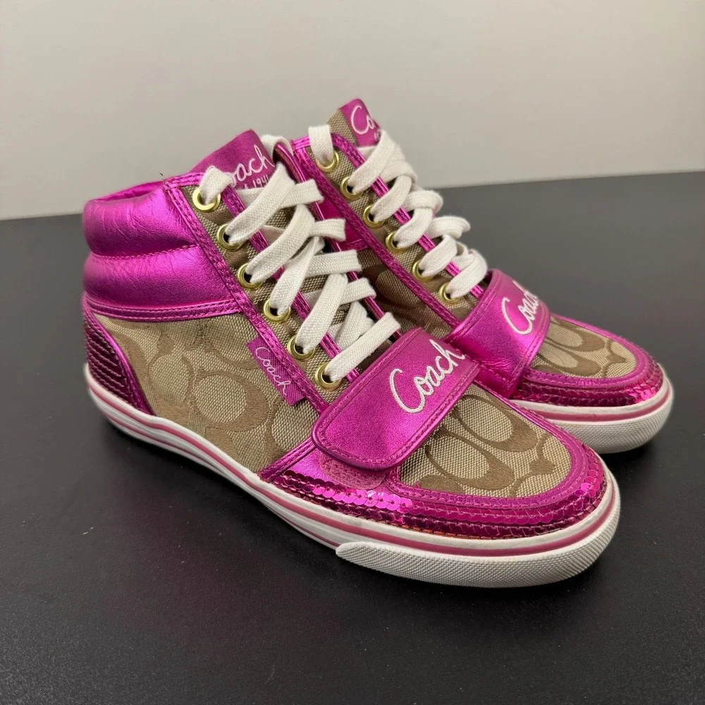 Vintage Coach Mistie Shoes Womens 6B Pink Monogram Canvas High Top Sneakers