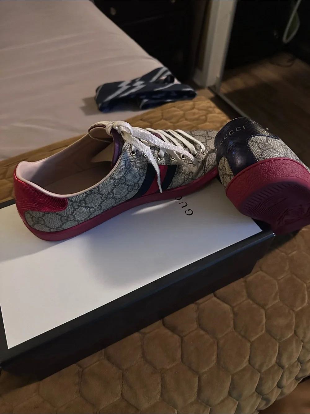Gucci Beige GG Monogram Sneakers with red Sole and Navy Stripe