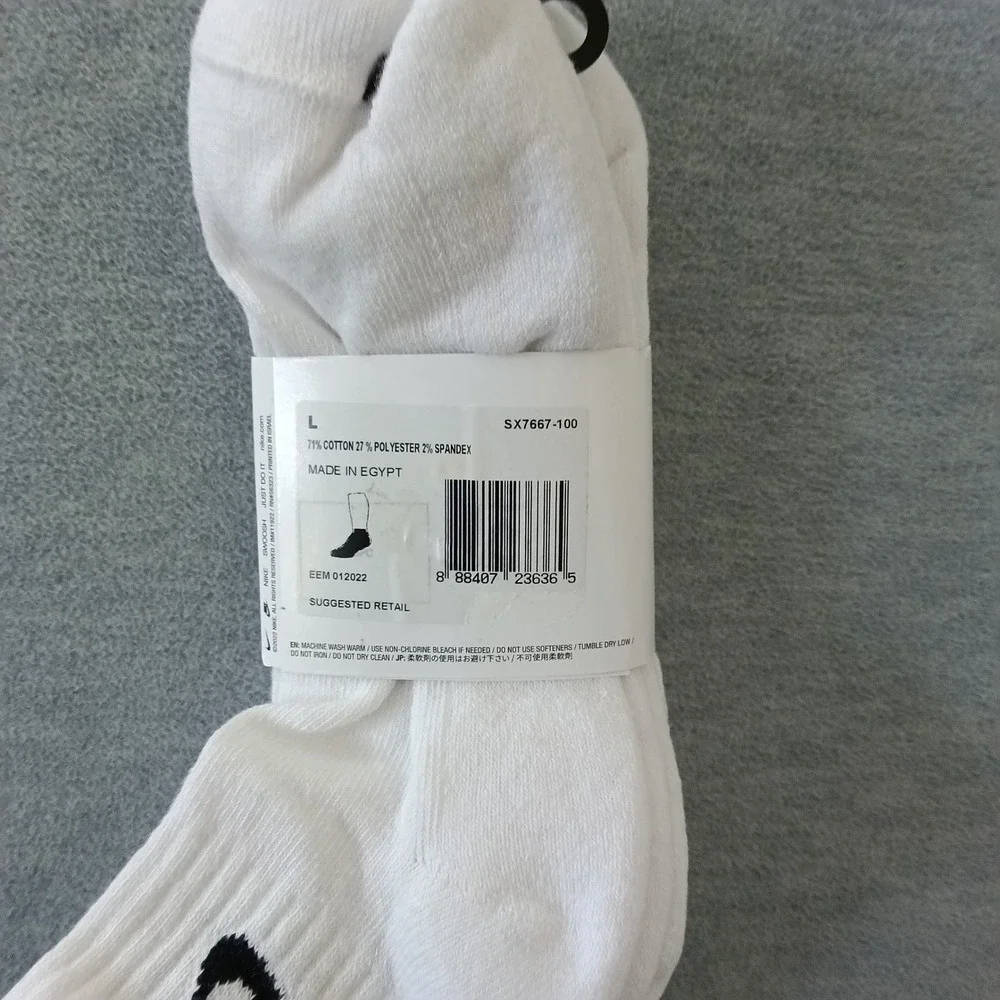 Nike Everyday Cotton Cushioned Ankle Socks 3 Pair White Dri-FIT SX7667-100 Large