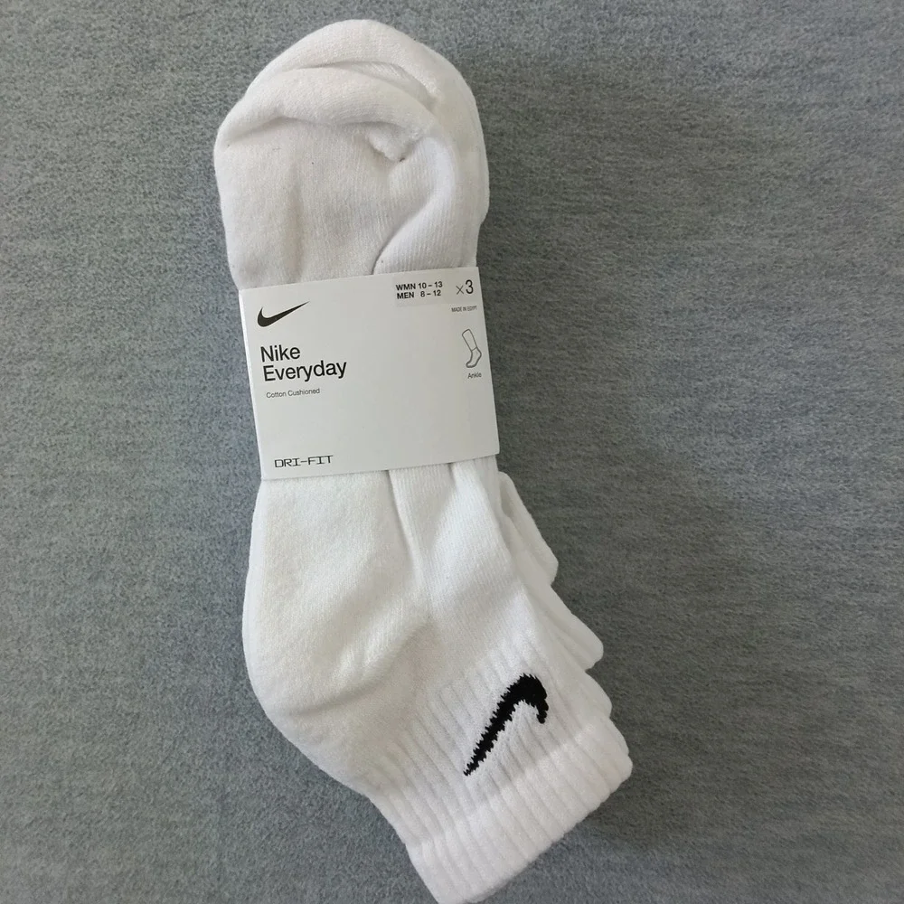 Nike Everyday Cotton Cushioned Ankle Socks 3 Pair White Dri-FIT SX7667-100 Large