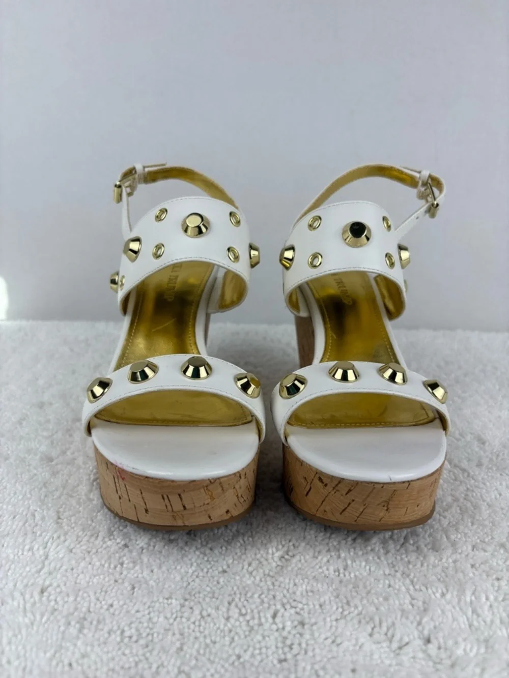 Ivanka Trump Gitty Wedge Sandals-White Leather Straps with Gold-Tone Hardware