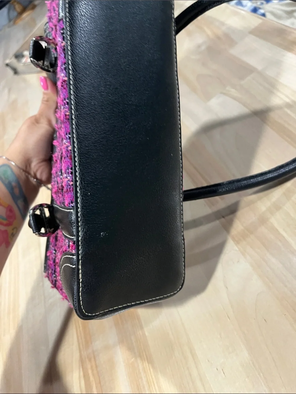 Liz Claiborne Black Leather & Pink Tweed Shoulder Bag