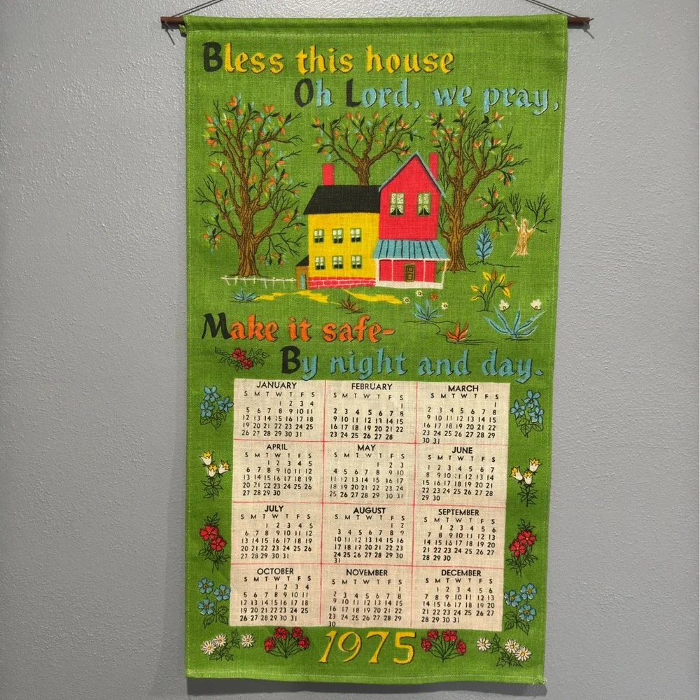 Vtg 1975 Linen Calendar Tea Towel Wall Hanging Green Folk Art Bless This House