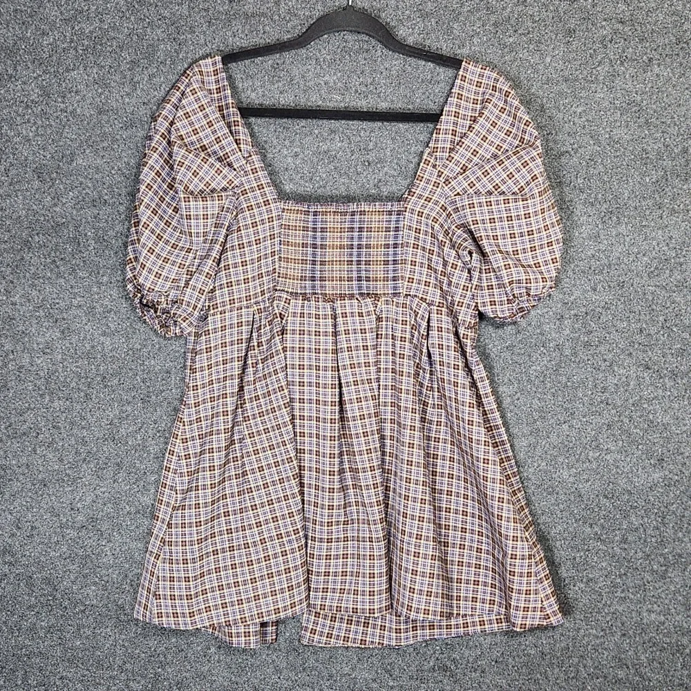 Free People Women Medium Heritage Brown Blue Plaid Babydoll Top Puff Sleeve Boho