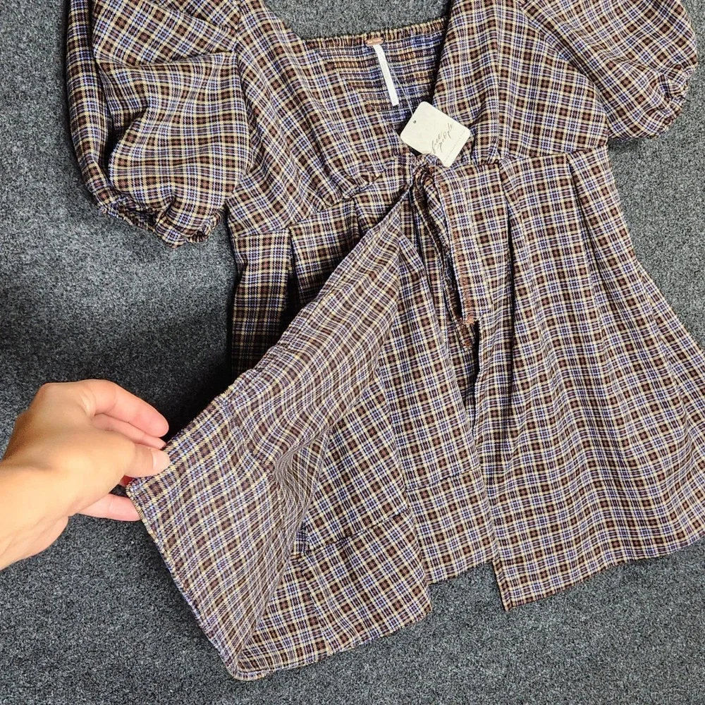 Free People Women Medium Heritage Brown Blue Plaid Babydoll Top Puff Sleeve Boho