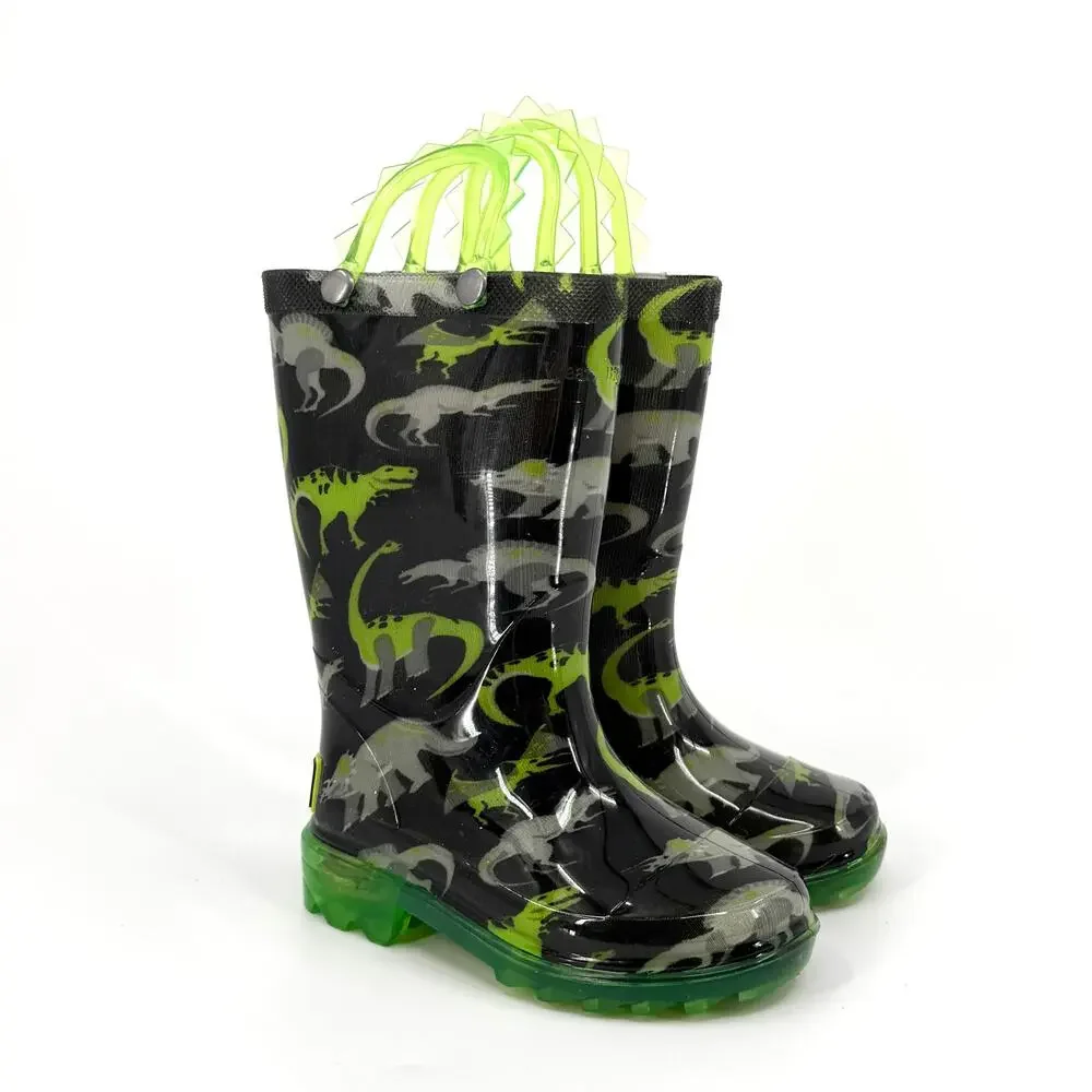 Western Chief Black Neon Green Dinosaur Light Up Waterproof Rain Boots