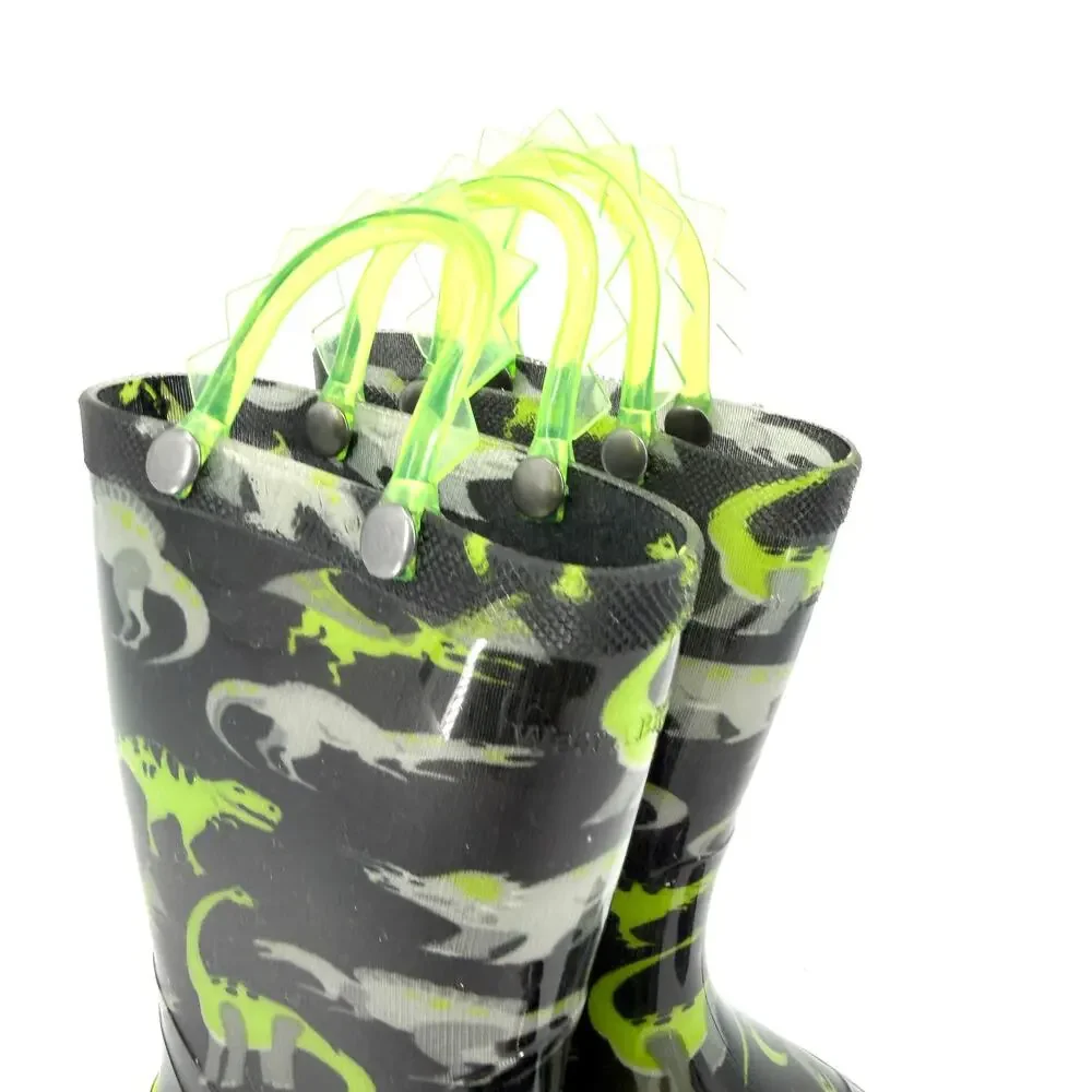 Western Chief Black Neon Green Dinosaur Light Up Waterproof Rain Boots