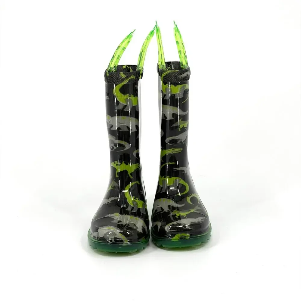 Western Chief Black Neon Green Dinosaur Light Up Waterproof Rain Boots