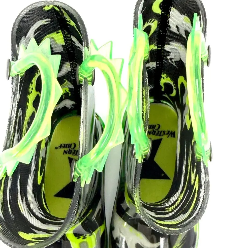 Western Chief Black Neon Green Dinosaur Light Up Waterproof Rain Boots