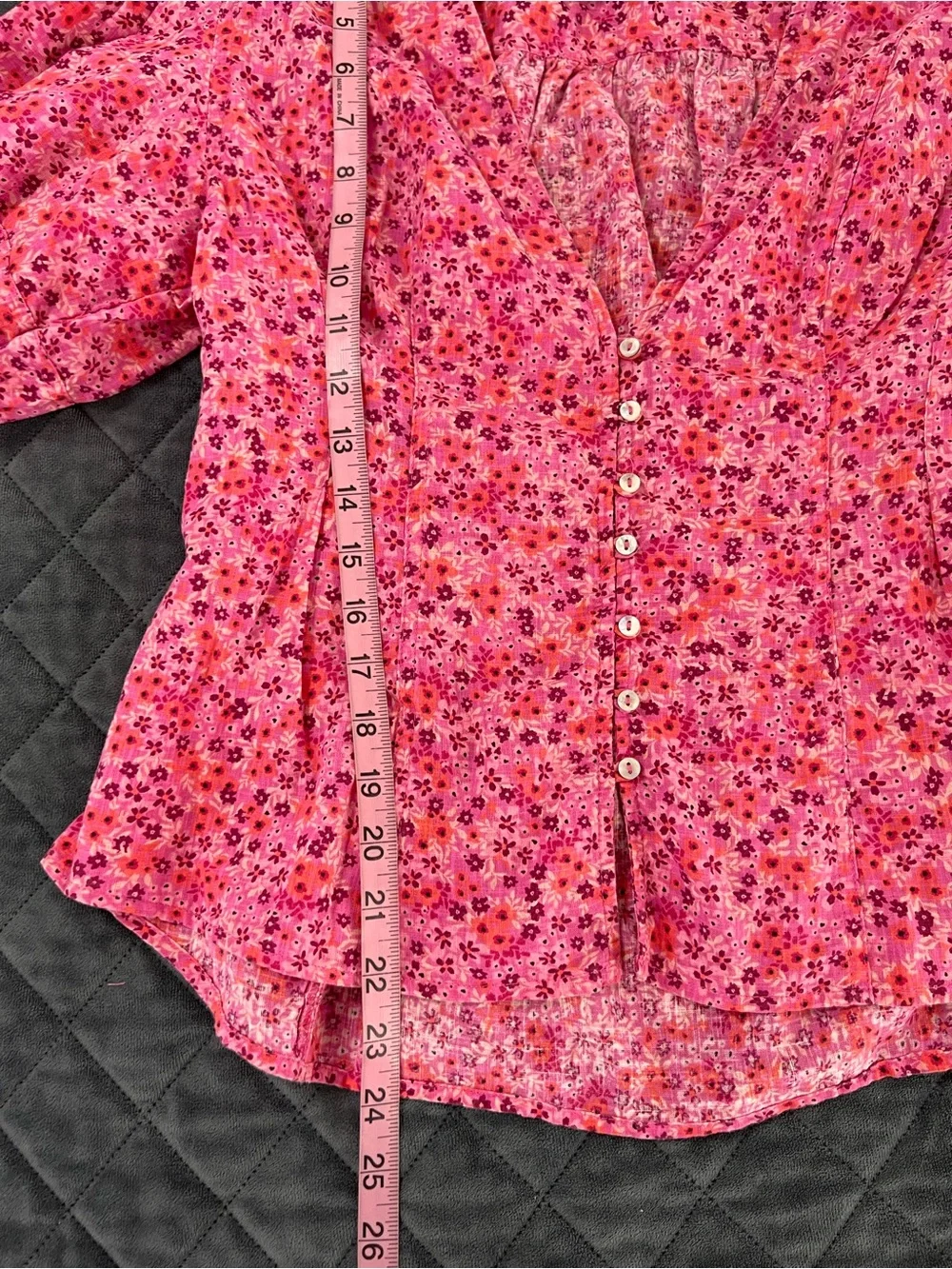 Free People Top Women’s Large I Found You Floral Button Front Puff Sleeve B24