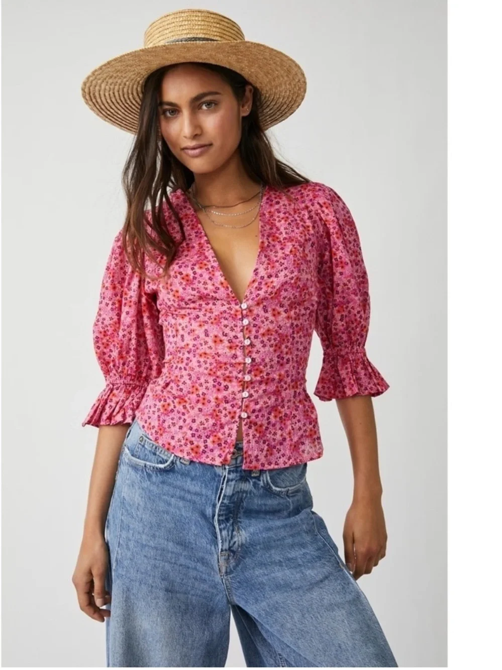 Free People Top Women’s Large I Found You Floral Button Front Puff Sleeve B24