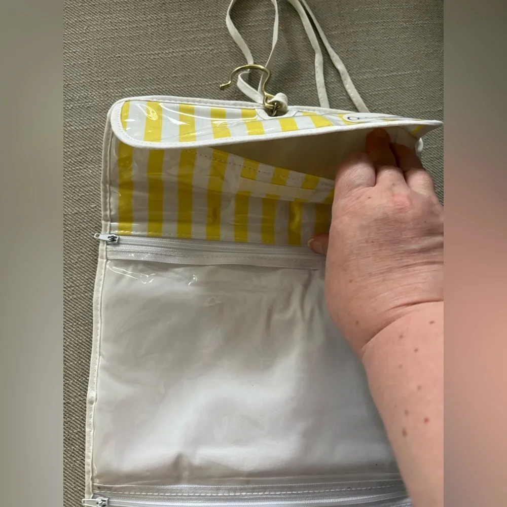 Vintage 1980s Covergirl Hanging Makeup Organizer. White and yellow stripe