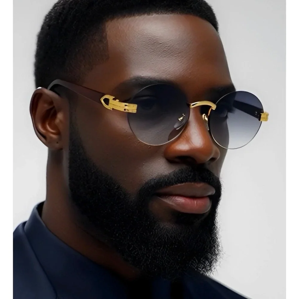 Rimless Sunglasses Oval Lens Wood Grain Arms Gold‎ Accents Fashion Shades Retro