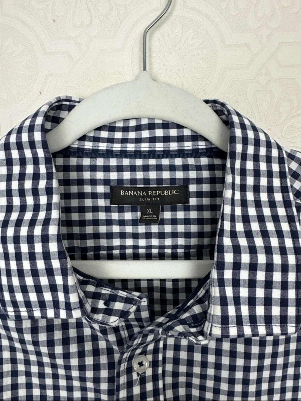 Banana‎ Republic Slim Fit Button Down Shirt Mens XL Blue White Gingham Stretch