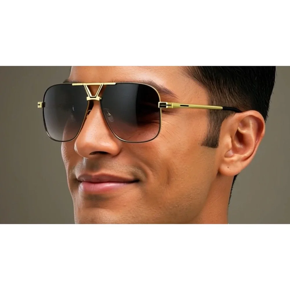 Men Sunglasses Gold Black Lens Fashion‎ Trendy Metal Gradient Lens Lentes Gafas
