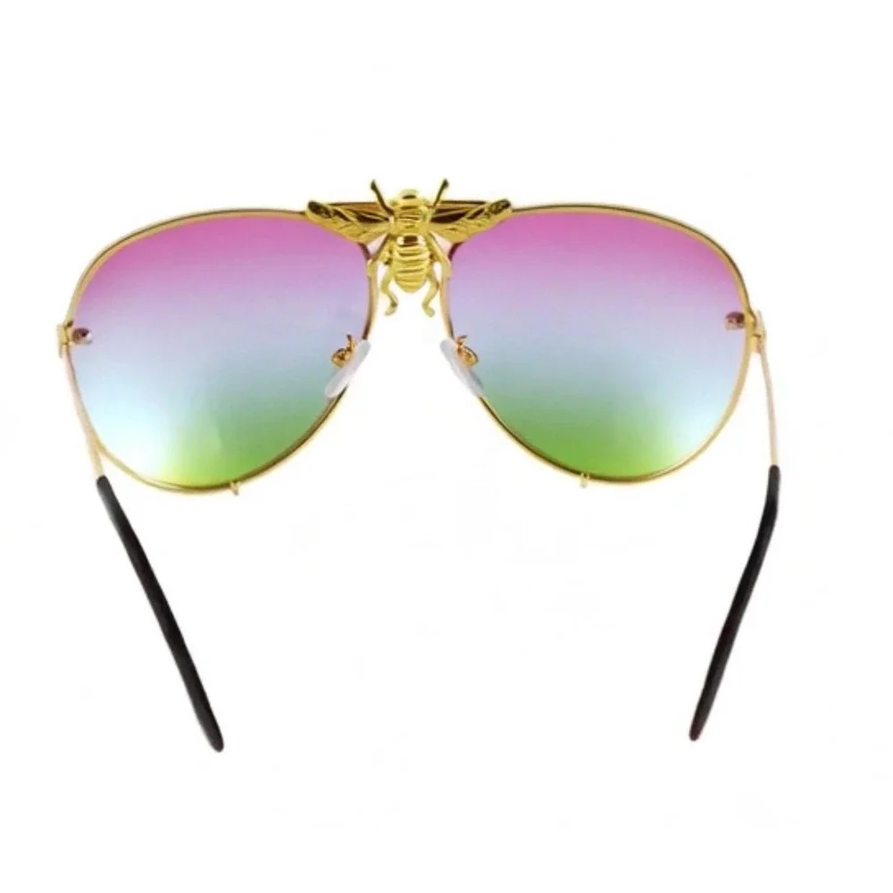 Gold Sunglasses Men Rimless Magenta Green Gradient Lens Metal Frame Hip Hop 2026